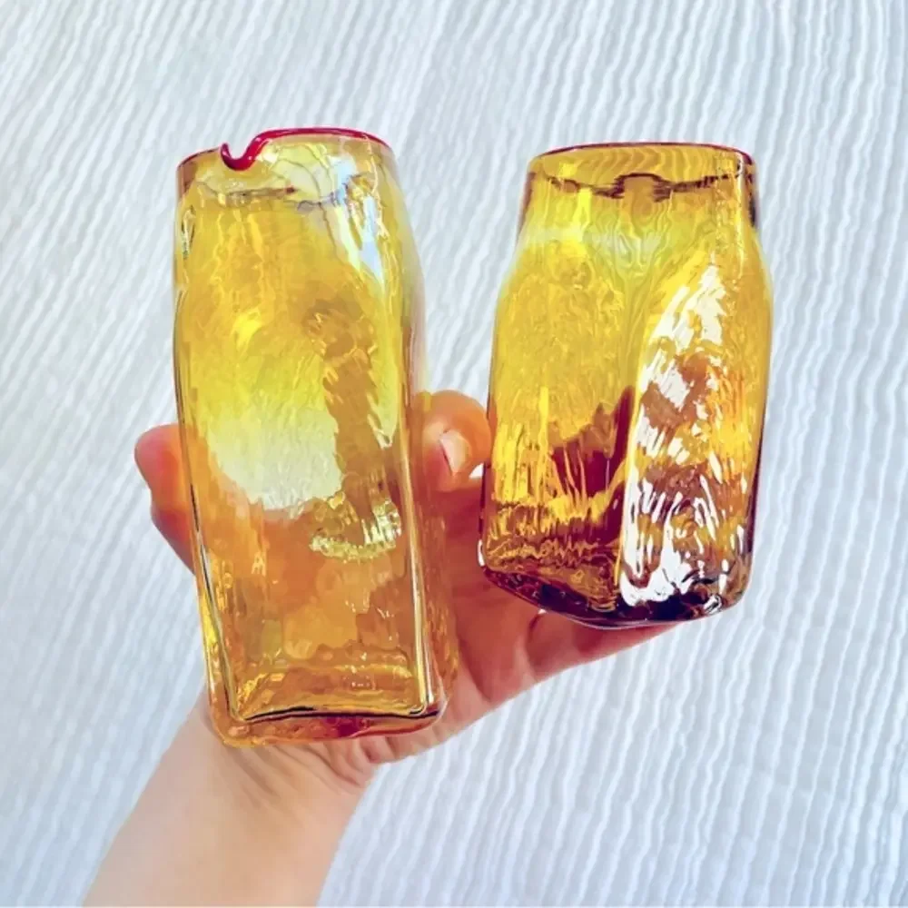 Hand Blown Mini Glass‎ Vases !! Gorgeous Amber Color with Reddish Pink Lip